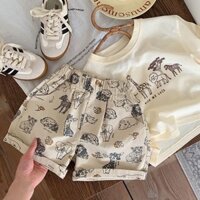 [Khuyến mãi] Bộ đồ trẻ em Phong cách mới Phiên bản Hàn Quốc Bé trai Bé gái Áo thun ngắn tay Bộ đồ hai mảnh