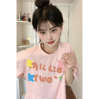[Khuyến mãi tại chỗ] Áo thun ngắn tay in hình ngôi sao màu sữa, áo 100% cotton hồng phấn sang trọng dành cho phụ nữ, thiết kế phong cách Hàn Quốc Instagram, phong cách Instagram đơn giản Nhật Bản, quần cạp cao cho người nhỏ