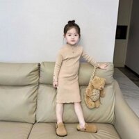 [Khuyến mãi] Váy dài tay Cotton sọc Pit cho bé gái Váy đế mỏng màu trơn