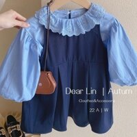 [Khuyến mãi] Váy Vest cổ áo ren Hàn Quốc cho bé gái Váy Vest thời trang phong cách mới Váy Vest màu xanh hải quân