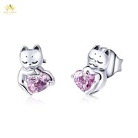 Khuyên Tai Bạc Nữ MIRASON Mèo Ôm Trái Tim Hồng Dễ Thương MBT137 - Bông Tai Nữ Bạc 925 Cao Cấp