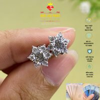 Khuyên tai bạc nữ xi bạch kim, Bông tai hoa 6 cánh nhỏ, Moissanite màu trắng và màu xanh 4li, Hoa tai bạc xi vàng trắng