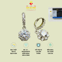 Khuyên tai bạc nữ xi bạch kim, Bông tai nữ khoen tòng teng hoa chủ 6.5mm moissanite màu trắng và màu xanh, Hoa tai bạc