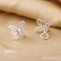 Khuyên tai bướm vintage bạc cho phụ nữ, thanh lịch, bông tai bướm rỗng chải, bông tai móc phóng đại, trang sức bạc mới cao cấp