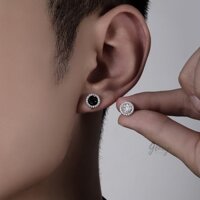 Khuyên tai nam bạc 925 tròn 3 màu đen xanh trắng đính đá unisex Merlin (1 chiếc) | GEMY SILVER KN85