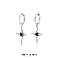 Khuyên tai nữ bạc 925 - Khoen tròn charm thánh giá đá đen (giá 1 chiếc) - Nepherteti