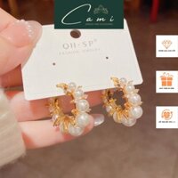 Khuyên tai nữ K145, hoa tai đính đá và ngọc trai nhân tạo, mạ vàng 14K, chuôi mạ bạc S925, kiểu dáng thanh lịch nữ tính