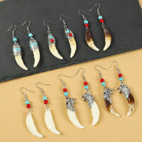 Khuyên tai răng sói dân tộc phong cách Tây Tạng, bạc Tây Tạng khảm, răng chó Mastiff thật, cá tính, trang sức tai Tây Tạng