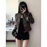 Kích Thước Lớn Melade Mỹ Retro Đứng Cổ Áo Khoác Nữ Thu Đông 2025 Phong Cách Mới Áo Khoác Da Ngắn Cũ Xe Máy Phù Hợp Với Cardigan Top