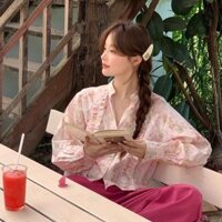 Kích Thước Lớn Mùa Xuân Phong Cách Mới Phong Cách Pháp Agaric Edge Cổ Chữ V Dài Tay Hồng Hoa Áo Sơ Mi Top Nữ Hàn Quốc Quần Áo Nữ