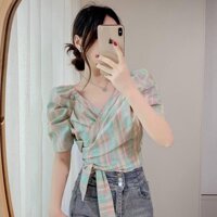 Kích Thước Lớn Nữ Mùa Hè Tính Khí Gợi Cảm Kẻ Sọc Cổ Chữ V Bong Bóng Tay Chữ Thập Ôm Sương Eo Top