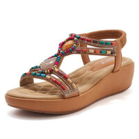 Kích Thước Lớn Phong Cách Mới Phong Cách Dân Tộc Bohemian Retro Đính Hạt Sandal Dây Đàn Hồi Kim Cương Giả Nêm Dép Kỳ Nghỉ Giày Du Lịch