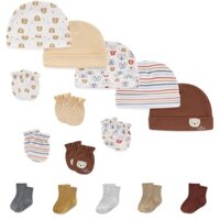 Kiddiezoom 15 Miếng Mũ Sơ Sinh + Găng Tay + Tất Bộ 100% Cotton Hoạt Hình Bé Gái Mũ Bé Trai 0-6M Màu Trơn Đồ Dùng Trẻ Sơ Sinh Phụ Kiện