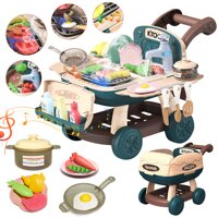 Kids Toy Kitchen Pretend Playset with Light and Music Color Change Play Food Toys Cookware Multifunction Shopping Cart Grill Set Pots and Pans Play...