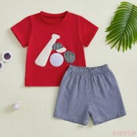 Kidsup1-baby Bé Trai Trang Phục Mùa Hè Miếng Dán Bóng Chày Áo Thun Tay Ngắn Và Quần Short Kẻ Sọc Co Giãn Cho Bộ Quần Áo 2 Mảnh