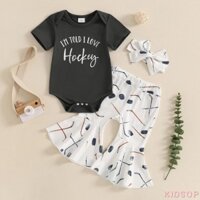 Kidsup1-bộ trang phục mùa hè cho bé gái in chữ Áo liền quần cổ tròn tay ngắn + Quần loe in khúc côn cầu trên băng + Băng đô