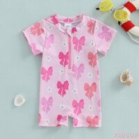 Kidsup1-girls Rash Guard Đồ Bơi Tay Ngắn Cổ Tròn Nửa Khóa Kéo Lên Hoa Nơ In Áo Liền Quần Bơi
