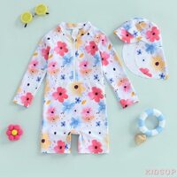 Kidsup1-little Girl Rash Guard Đồ bơi in hoa dài tay phía trước có dây kéo Bộ đồ tắm có mũ