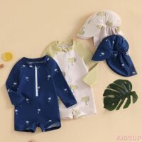 Kidsup1-toddler Boy Girl Rash Guard Đồ bơi Cây dừa / In tàu ngầm dài tay cổ tròn có khóa kéo Bộ đồ tắm có mũ