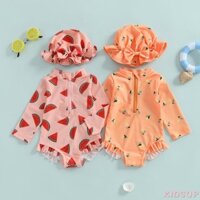 Kidsup1-toddler Girl Rash Guard Đồ bơi Lemon / Dưa hấu In hình dài tay Mock Cổ Dây kéo Bộ đồ tắm có mũ