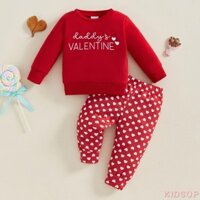 Kidsup1-toddler Trang phục ngày lễ tình nhân Áo dài tay in chữ có họa tiết trái tim Quần dài Quần áo mùa xuân