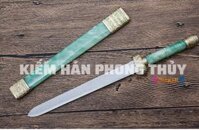 Kiếm Hán Phong Thủy Hoạ Tiết Mã Não Kim Loại Xanh 29Cm