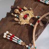 Kiềng vàng khóa TRƯỜNG MỆNH vòng cổ thả rua ngọc đeo trang sức nữ bình an chụp ảnh cosplay hán phục phong cách cổ trang