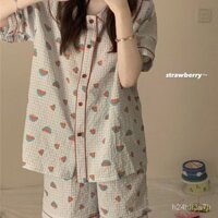 Kiểu HàninsBộ Đồ Ngủ Cotton Và Lanh Kẻ Sọc Dưa Hấu Cổ Búp Bê Dễ Thương Quần Short Ngắn Tay Mùa Hè Cho Nữ Bộ Đồ Mặc Nhà H