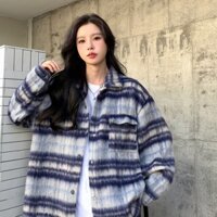 Kii Wii Áo Khoác Len Dáng Dài Họa Tiết Kẻ Sọc Phong Cách Vintage Thời Trang Mùa Đông Cho Nữ