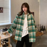 Kii Wii Áo Sơ Mi Dáng Dài Form Rộng Họa Tiết Sọc Caro Phong Cách Vintage
