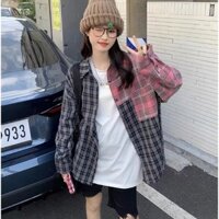 Kii Wii Áo Sơ Mi Nữ Dáng Rộng Kẻ Sọc Caro Màu Tương Phản Phong Cách Vintage Hàn Quốc