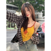 Kii Wii Mùa Hè Mới Hàn Quốc In Hoa Hồng Slim Fit Không Đều Ngắn Treo Xe Tăng Top Nữ 240415