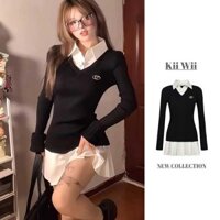 Kii Wii Mùa Thu Đông Mới Nữ Phong Cách Đại Học Phối Dệt Kim Ngắn Xếp Ly Đầm 241129