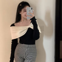 Kii Wii Mùa Thu Mới Màu Sắc Hàn Quốc Tương Phản Nơ Tính Khí Tắt Vai Áo Len Nữ