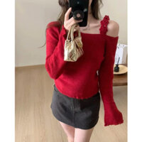 Kii Wii Thu Đông Mới Hàn Quốc Phong Cách Retro Móc Hoa Phong Cách Tắt Vai Áo Len Nữ Tay Dài 250103