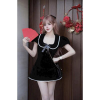 Kim Clothing - Đầm đen cổ sen viền ren tay bồng dáng ngắn xoè có lót quần nữ tính, dễ thương