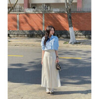 [Kim Clothing] Set áo sơ mi xanh thêu form rộng tay dài + chân váy kem xếp li xoè dài