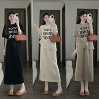 Kim Clothing - Set thun áo cổ tròn tay lỡ in chữ + chân váy suông dài 3 màu chất thun dày dặn