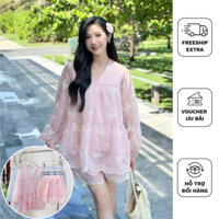 Kim Clothing - Set tơ thêu hoa áo baby doll cổ V tay bồng + quần short lưng thun viền răng cưa mặc hè mát mẻ