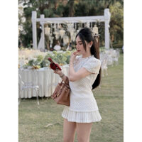 Kim clothing - Set trắng áo ren tay con dáng peplum + chân váy trắng xếp li có lót quần