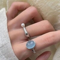 Kim Cương Giả Tròn Bạc 925 Nhẫn Nữ ins Độc Đá Aquamarine Đơn Giản Có Thể Điều Chỉnh Chỉ Số Nhẫn