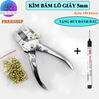 Kìm kềm bấm lỗ giấy 5mm chuyên bấm lỗ da, bạt, giấy TẶNG 100 khoen và bút đánh dấu
