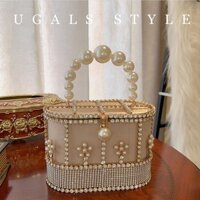 Kim loại rỗng sáng bóng không tinh tế Giỏ rau kim cương dự tiệc ngọc trai lồng xô cầm tay túi đeo chéo