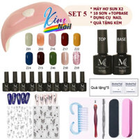 Kim nail, SET 5, Bộ làm móng ( sơn gel 10 chai + Máy Hơ Gel SUN 2 + Dụng cụ làm móng + TOP & BASE & top lì sơn gel + bộ