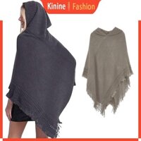 Kin Nữ Mùa Đông Đan Mũ Trùm Đầu Poncho Mũi Móc Viền Tua Rua Khăn Choàng Quấn Áo Len