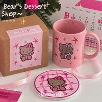 Kính Hoạt Hình Dễ Thương Da Đen hellokitty Họa Sĩ Minh Họa Phối Hợp Hello Kitty Màu Hồng Gốm Cốc Ăn Sáng Cà Phê Cốc