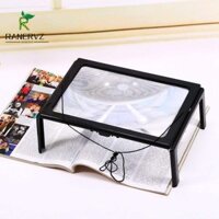 Kính lúp RANERVZ 3X, 4 đèn LED Kính phóng đại có đèn hình chữ nhật, Đọc sách rảnh tay Kích thước A4 có thể gập lại màu đen Kính lúp đọc sách toàn trang dành cho người cao tuổi