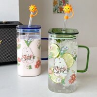 Kính Ly Thủy Tinh Hình Chữ Nhật Cỡ Lớn Có Nắp Đậy Họa Tiết Thỏ Hoạt Hình Dễ Thương