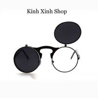 Kính râm nam nữ mắt tròn 2in1 bật nắp siêu chất - Gọng Đen
