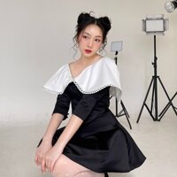 KIOBI – Áo kiểu Hera form croptop cúp ngực, cổ chữ V phối lá cổ trắng, tay lửng, vải taffeta, 3 size: S|M|L - KIA232146D